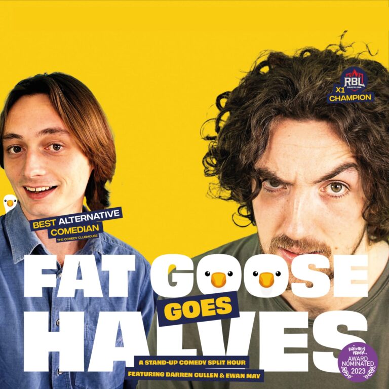 Ewan May and Darren Cullen look at the camera in Fat Goose Goes Halves poster