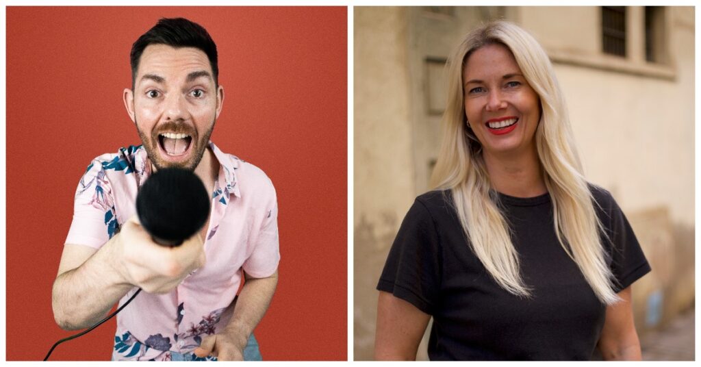 Comedian Iain Anderson holds microphone; comedian Michelle Ahern smiles in headshot