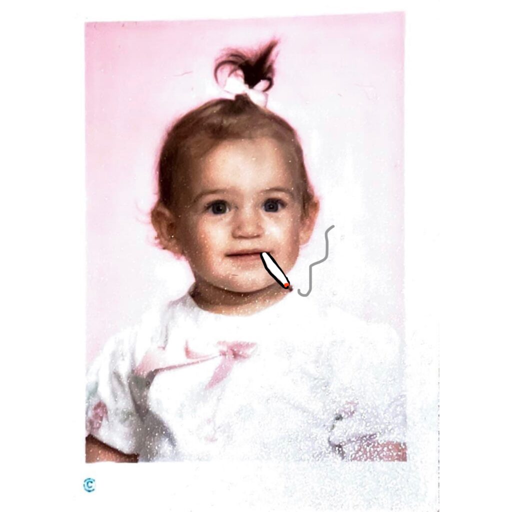 Baby Jamie Lerner with a cartoon cigarette on a pink background