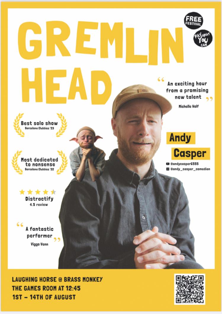 Andy Casper Gremlin Head poster with a gremlin on his shoulder as they make strained faces