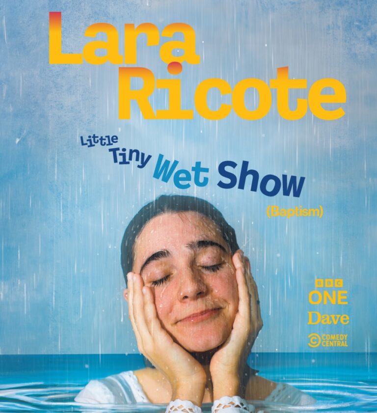 Lara Ricote poses covered in water with her hands on her face for her 'Tiny Little Wet Show (Baptism)'